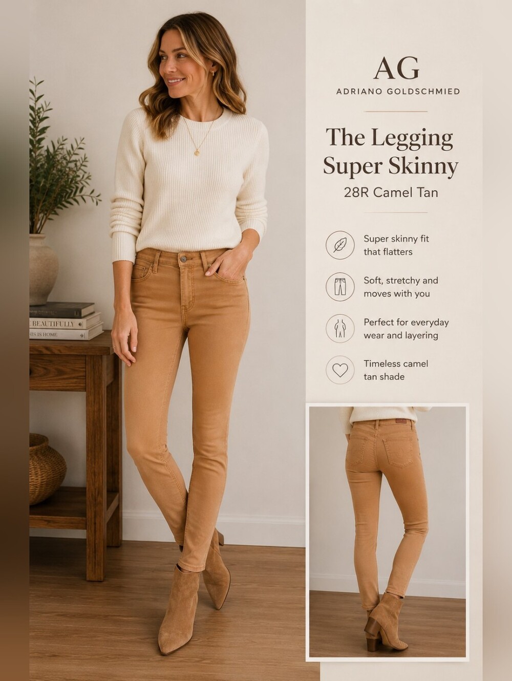 AG Adriano Goldschmied The Legging Super Skinny Jeans 28R Camel Tan USA